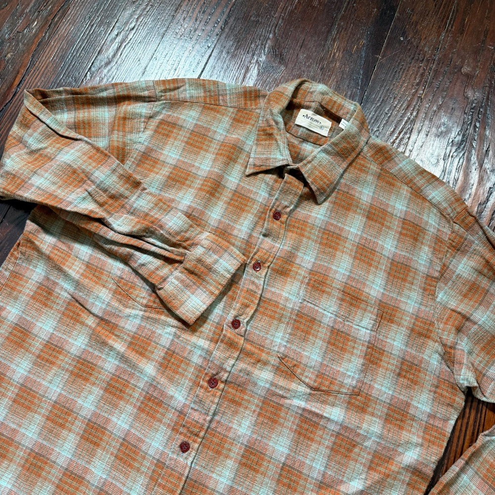 Vintage 80s Arrow Flannel Shirt Mens XL Orange Blue Plaid Long Sleeve Cotton